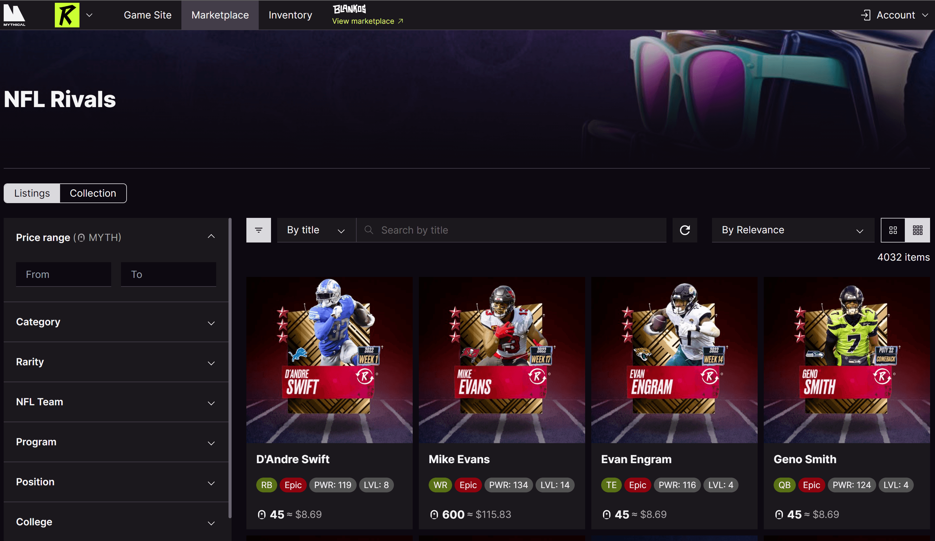 A screenshot of the Mythical Marketplace